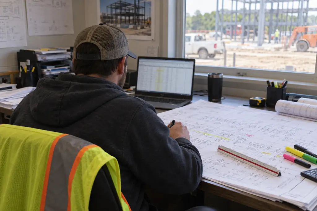 An estimator seen from behind at a job-trailer desk, marking up electrical drawings beside a laptop spreadsheet
